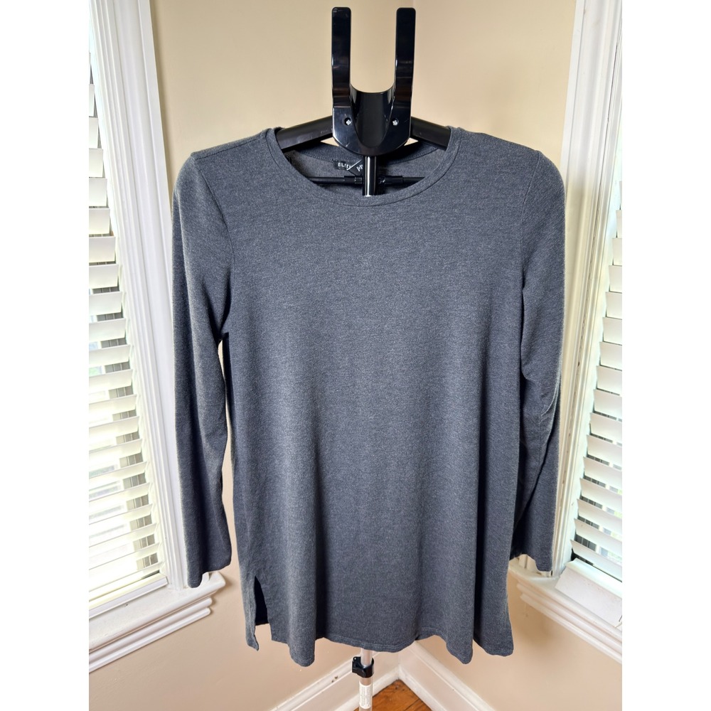 Eileen Fisher Gray Tencel Lyocell Stretch Long Sleeve Tunic Top Medium Side Slit